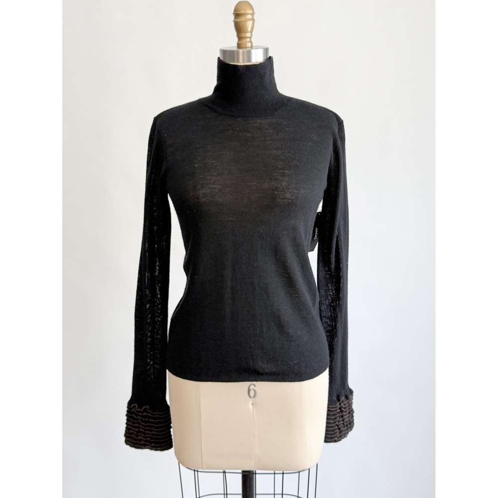 NWT DKNY Wool Turtleneck Sweater Black Ruffle Cuff Long Sleeve Sheer Fine Knit